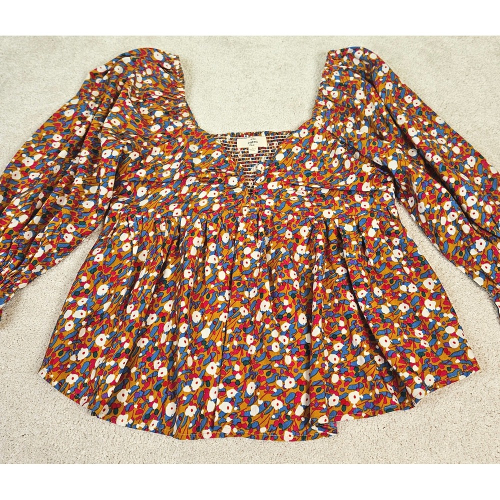 Entro L Smocked Square Neck Floral‎ Print Long Sleeve Peasant Blouse Cottagecore